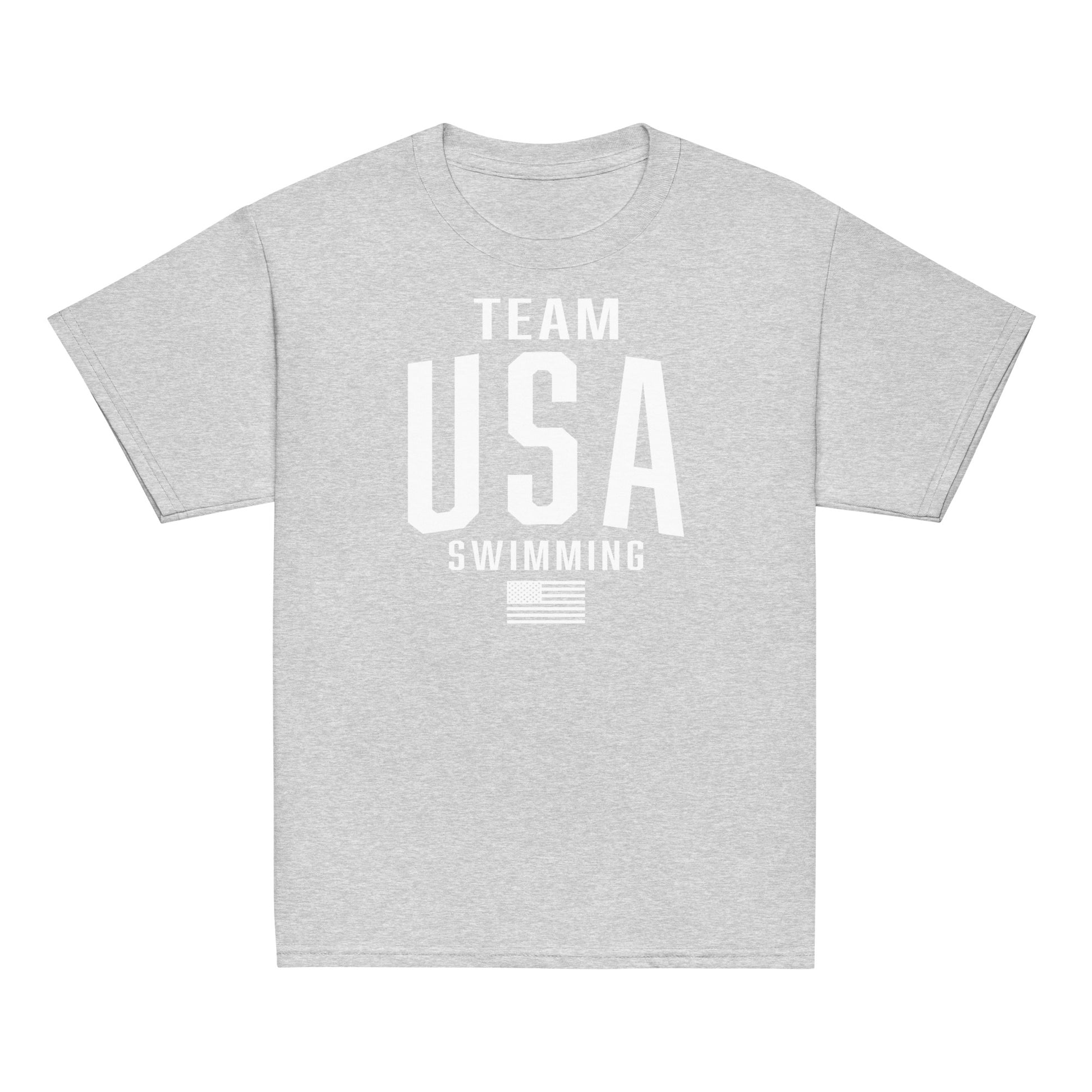 Heather gray Team USA Swimming Patriotic Youth T-Shirt by TrendySwimmer, soft and patriotic tee for youth swim team supporters.