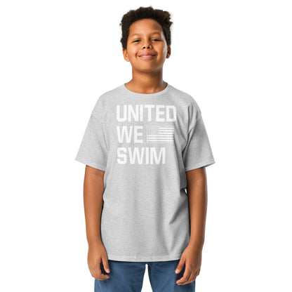 Heather gray United We Swim Patriotic Youth T-Shirt by TrendySwimmer, classic and comfy for everyday swim team wear.