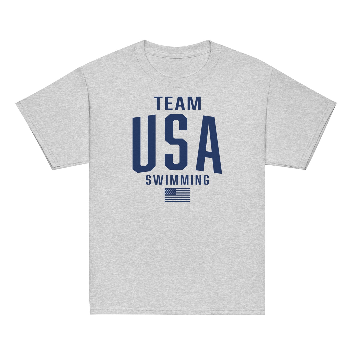 Team USA Swimming Patriotic Youth T-Shirt in heather gray with navy print. Soft and durable tee for young swim team supporters.