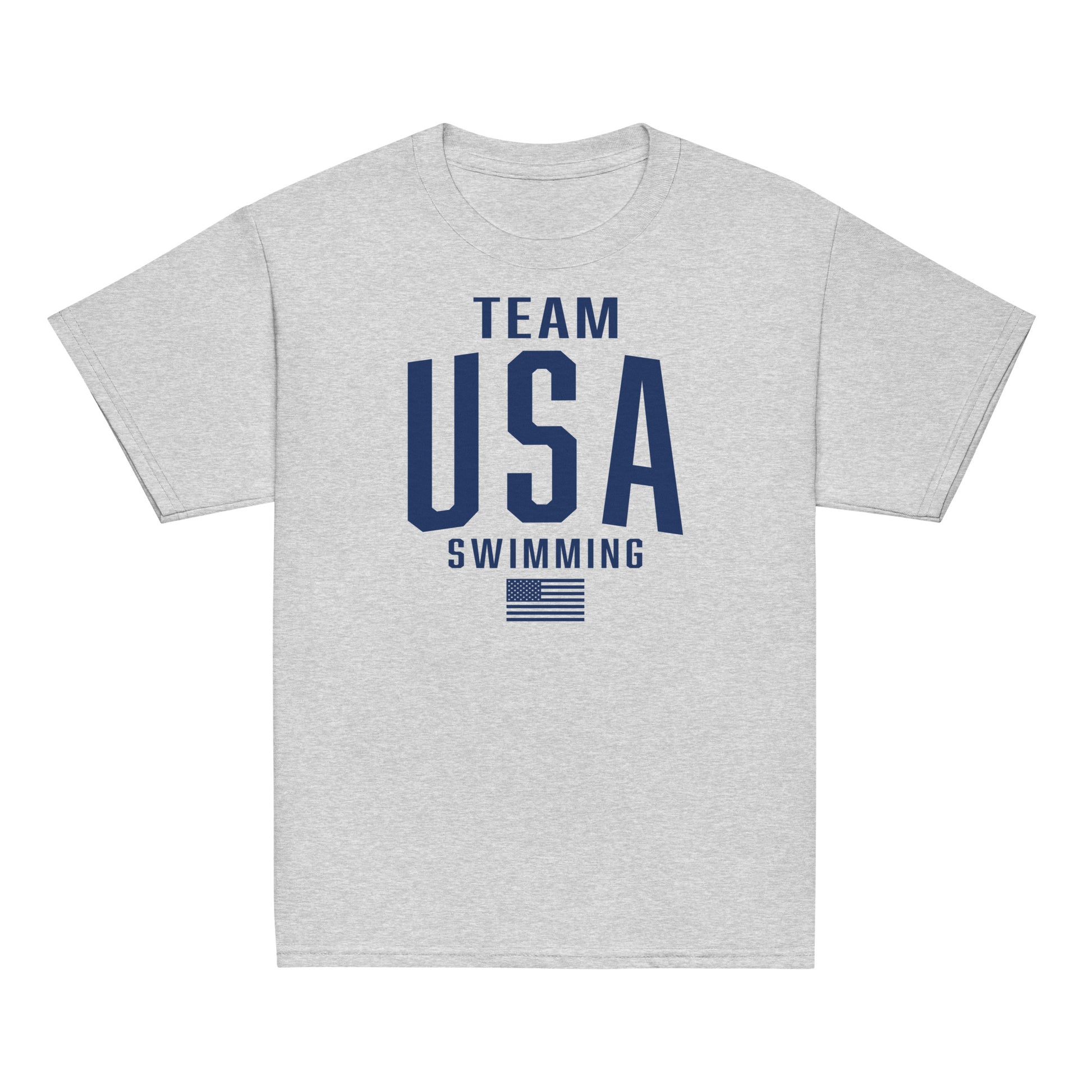 Team USA Swimming Patriotic Youth T-Shirt in heather gray with navy print. Soft and durable tee for young swim team supporters.