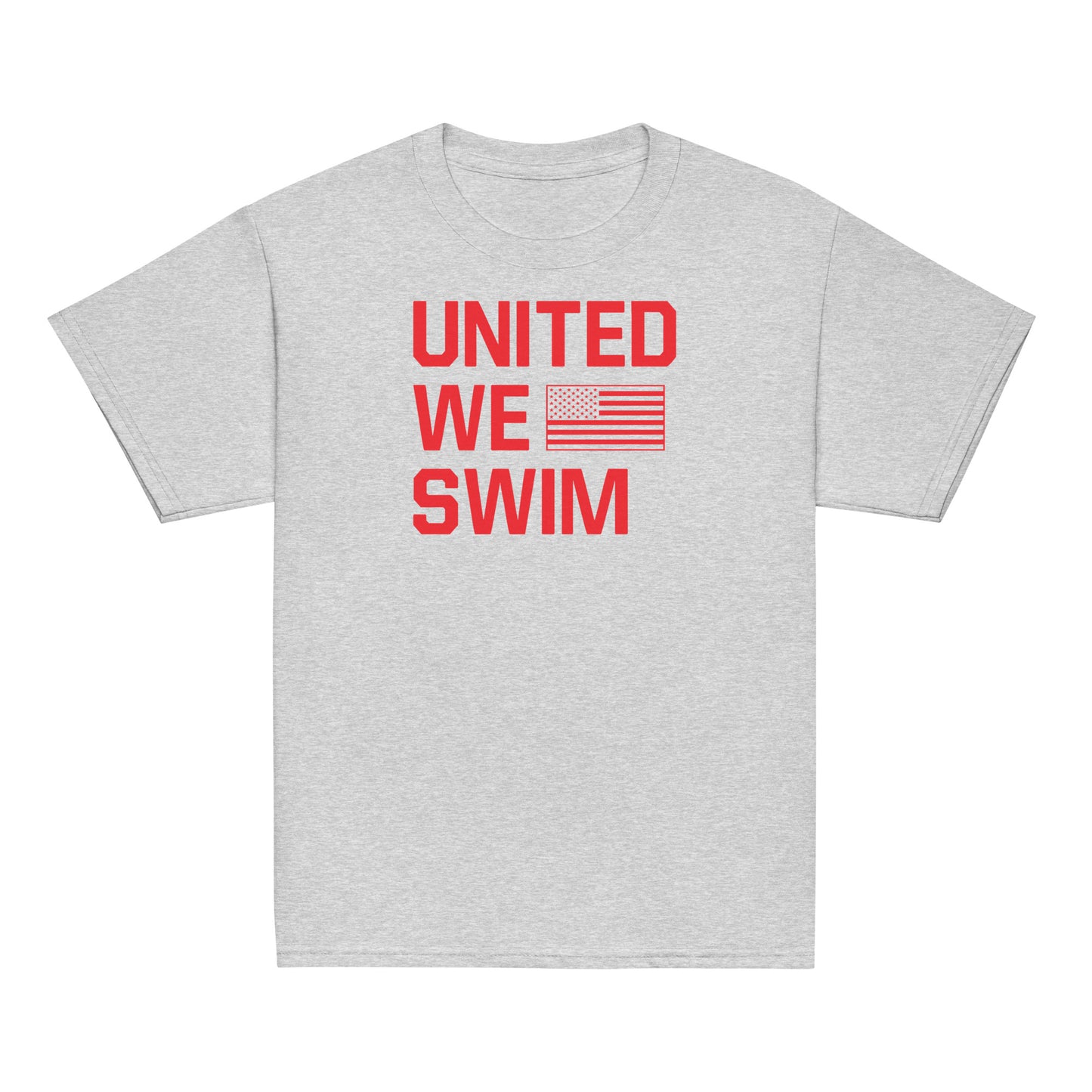 United We Swim Patriotic Youth T-Shirt in heather gray featuring bold red text and flag print. Durable and soft for everyday kids' wear.