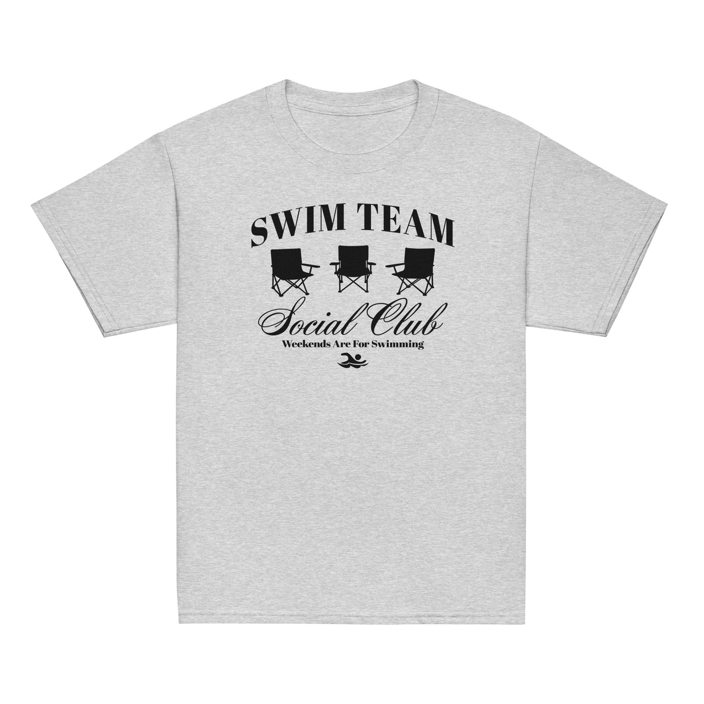 Swim Team Social Club Youth T-Shirt in classic light gray with black foldable chair graphic and swim-themed text. Soft cotton tee for young swimmers.