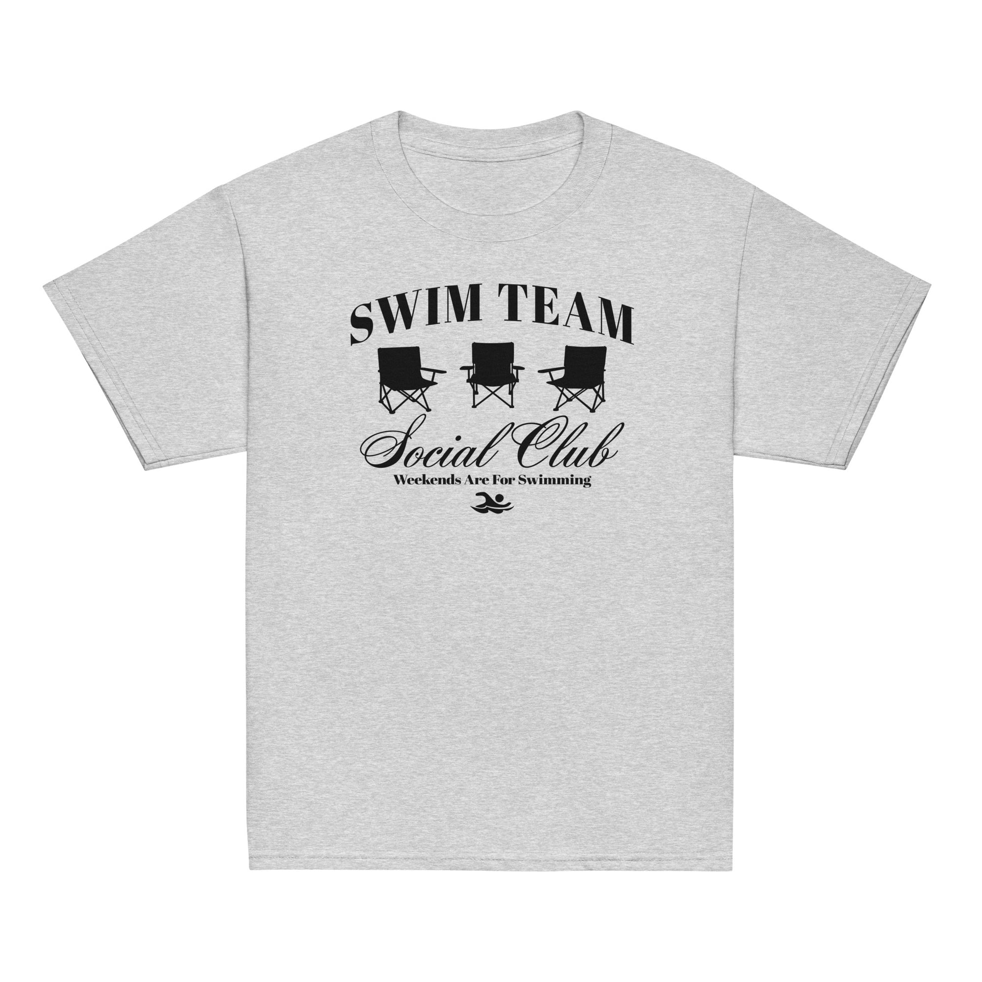Swim Team Social Club Youth T-Shirt in classic light gray with black foldable chair graphic and swim-themed text. Soft cotton tee for young swimmers.