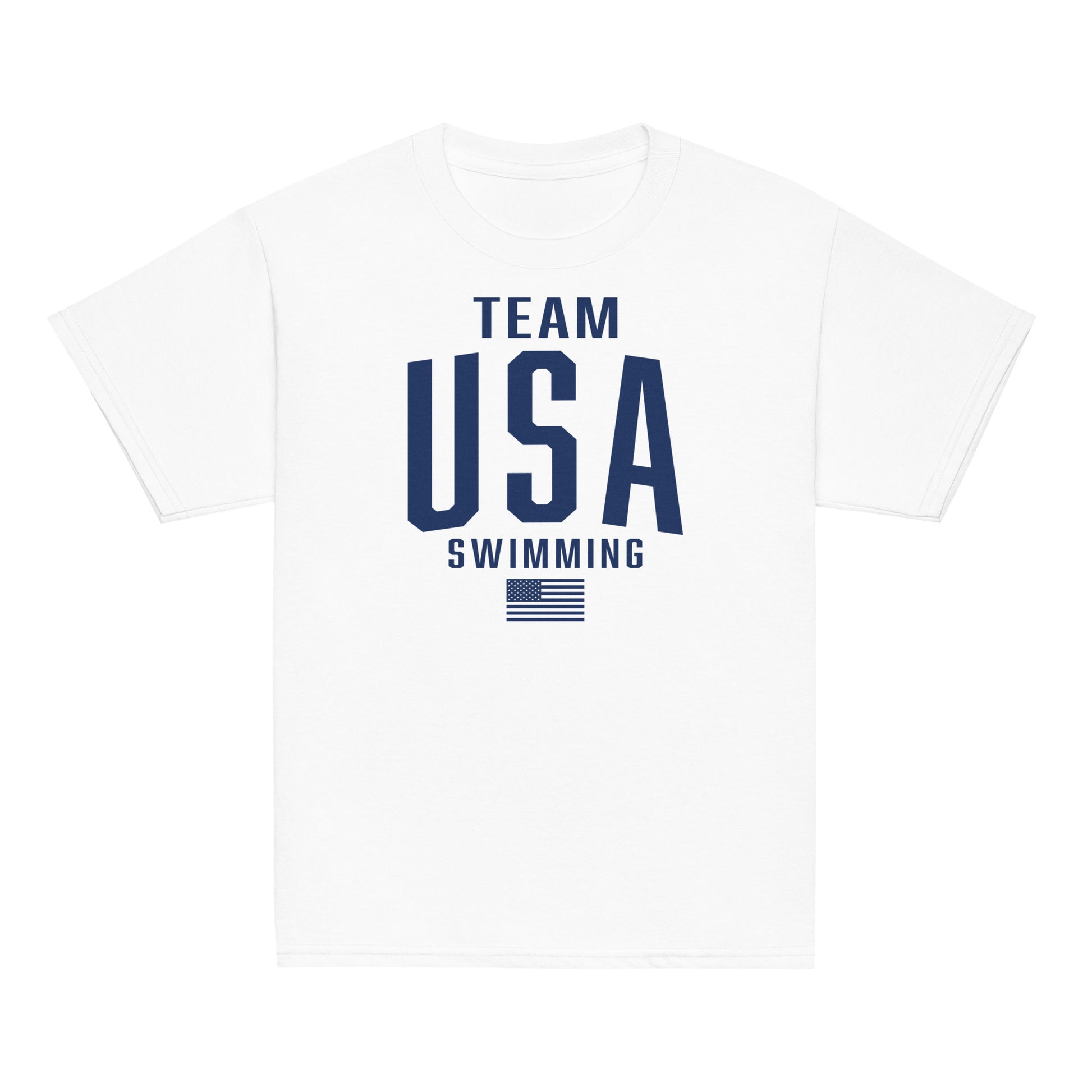 Team USA Swimming Patriotic Youth T-Shirt in white with bold navy text and American flag graphic. Lightweight tee for kids' swim pride and comfort.