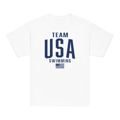 Team USA Swimming Patriotic Youth T-Shirt in white with bold navy text and American flag graphic. Lightweight tee for kids' swim pride and comfort.