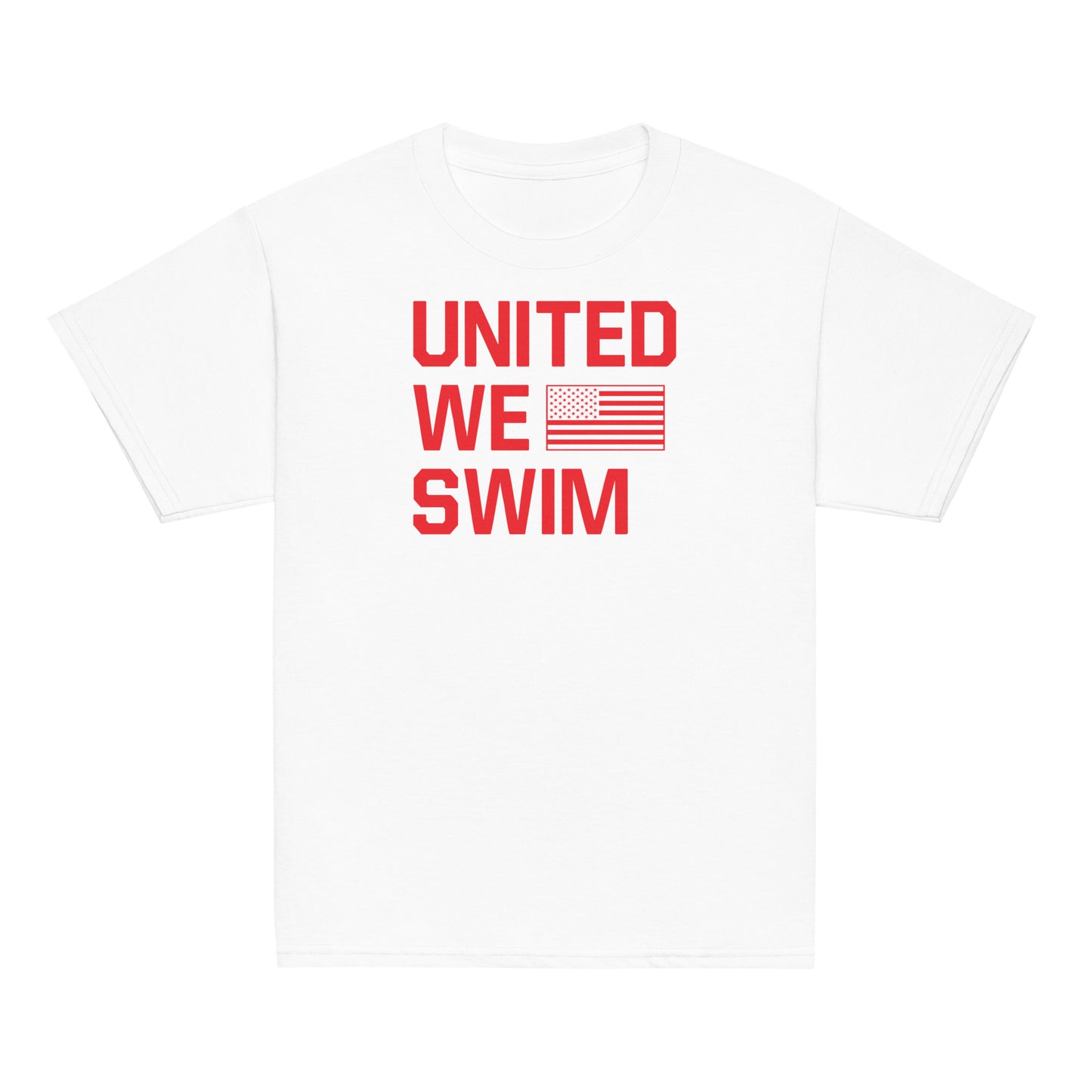 United We Swim Patriotic Youth T-Shirt in classic white with red lettering and American flag. Lightweight and perfect for youth swim team wear.