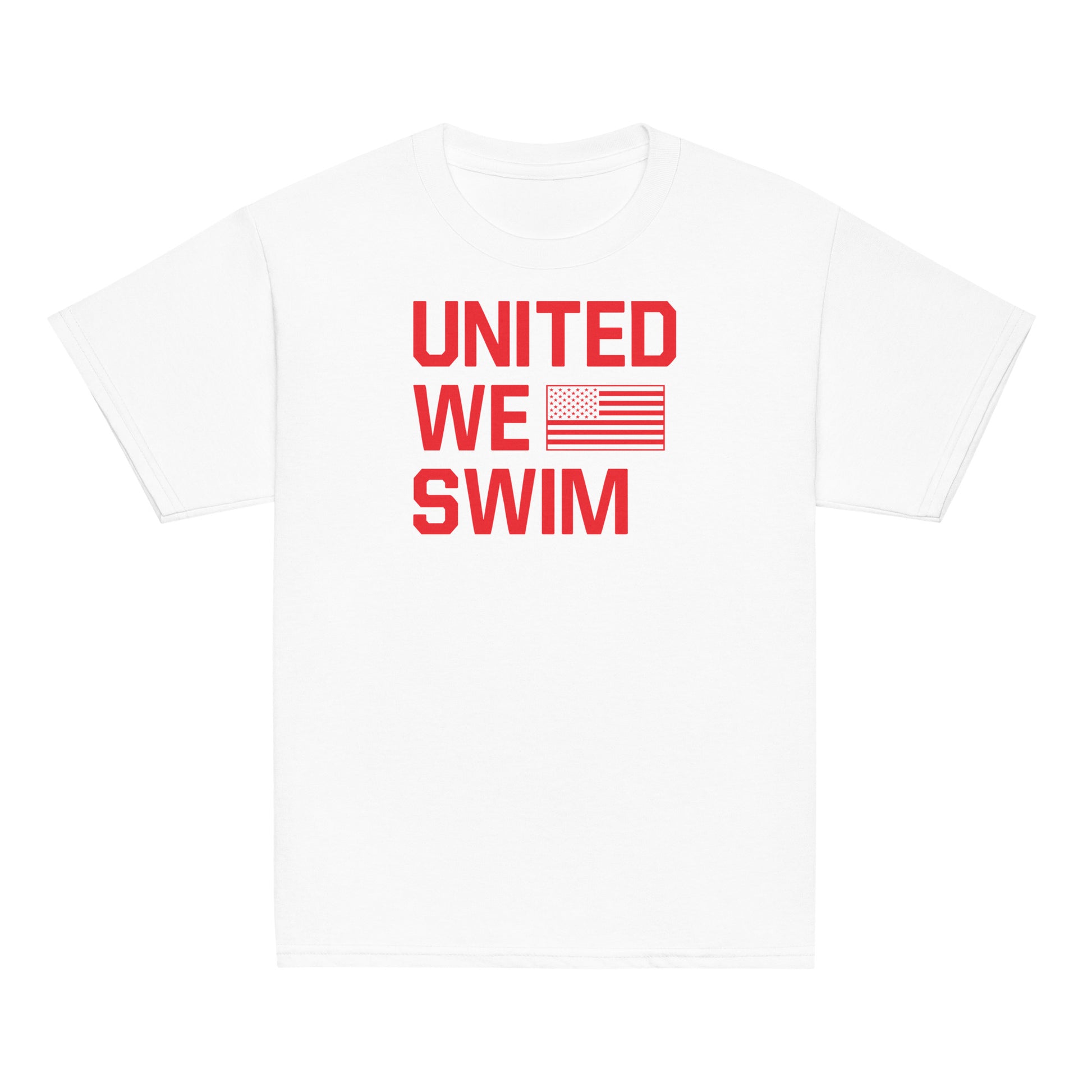 United We Swim Patriotic Youth T-Shirt in classic white with red lettering and American flag. Lightweight and perfect for youth swim team wear.
