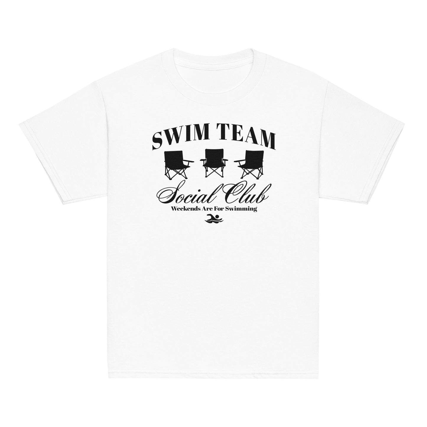 Swim Team Social Club Youth T-Shirt in white with black graphic of three chairs and swim-themed text. Lightweight tee perfect for swim team events.