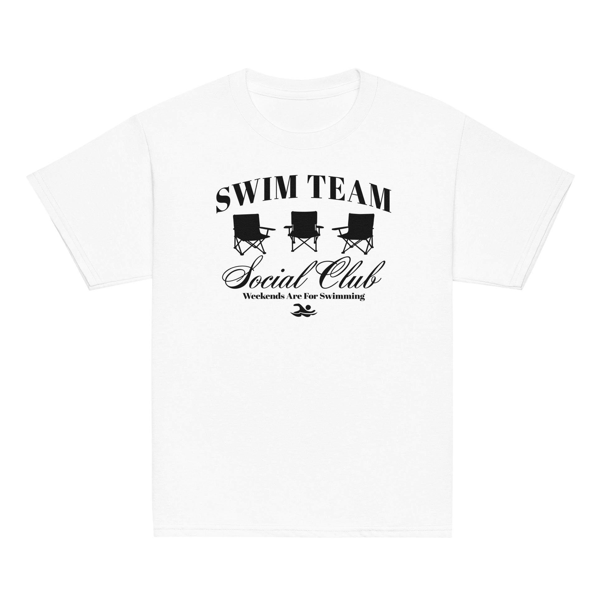 Swim Team Social Club Youth T-Shirt in white with black graphic of three chairs and swim-themed text. Lightweight tee perfect for swim team events.