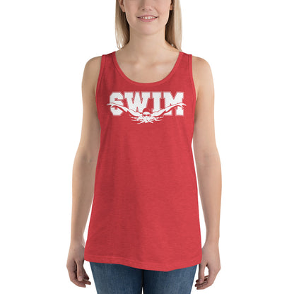 woman in unisex tank top with swim graphic print