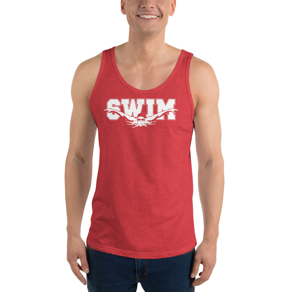man in unisex tank top with swim graphic print