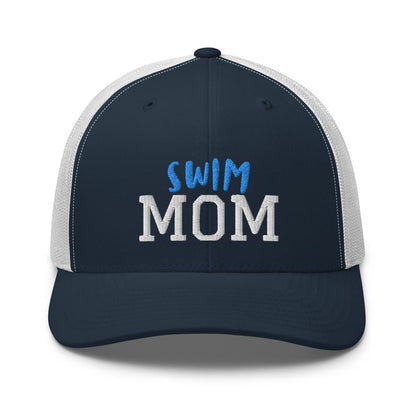 swim mom trucker style baseball cap on white background
