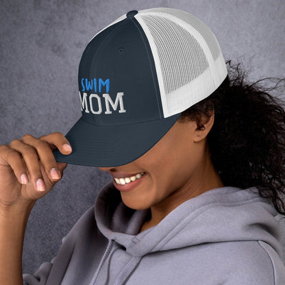 lady in swim mom trucker style baseball cap