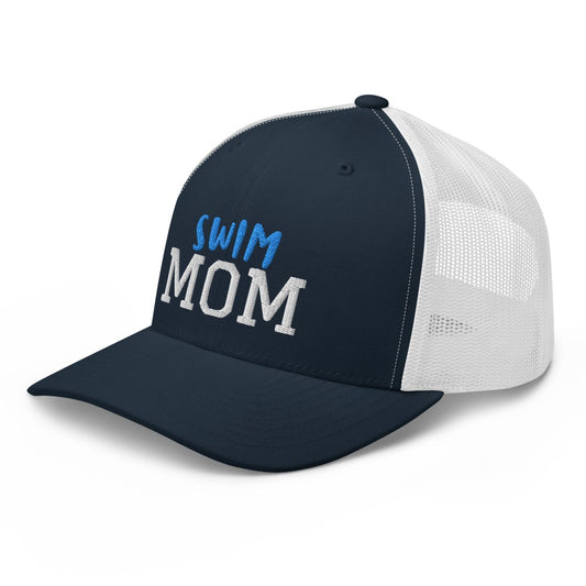swim mom retro trucker style mesh ball cap on white background