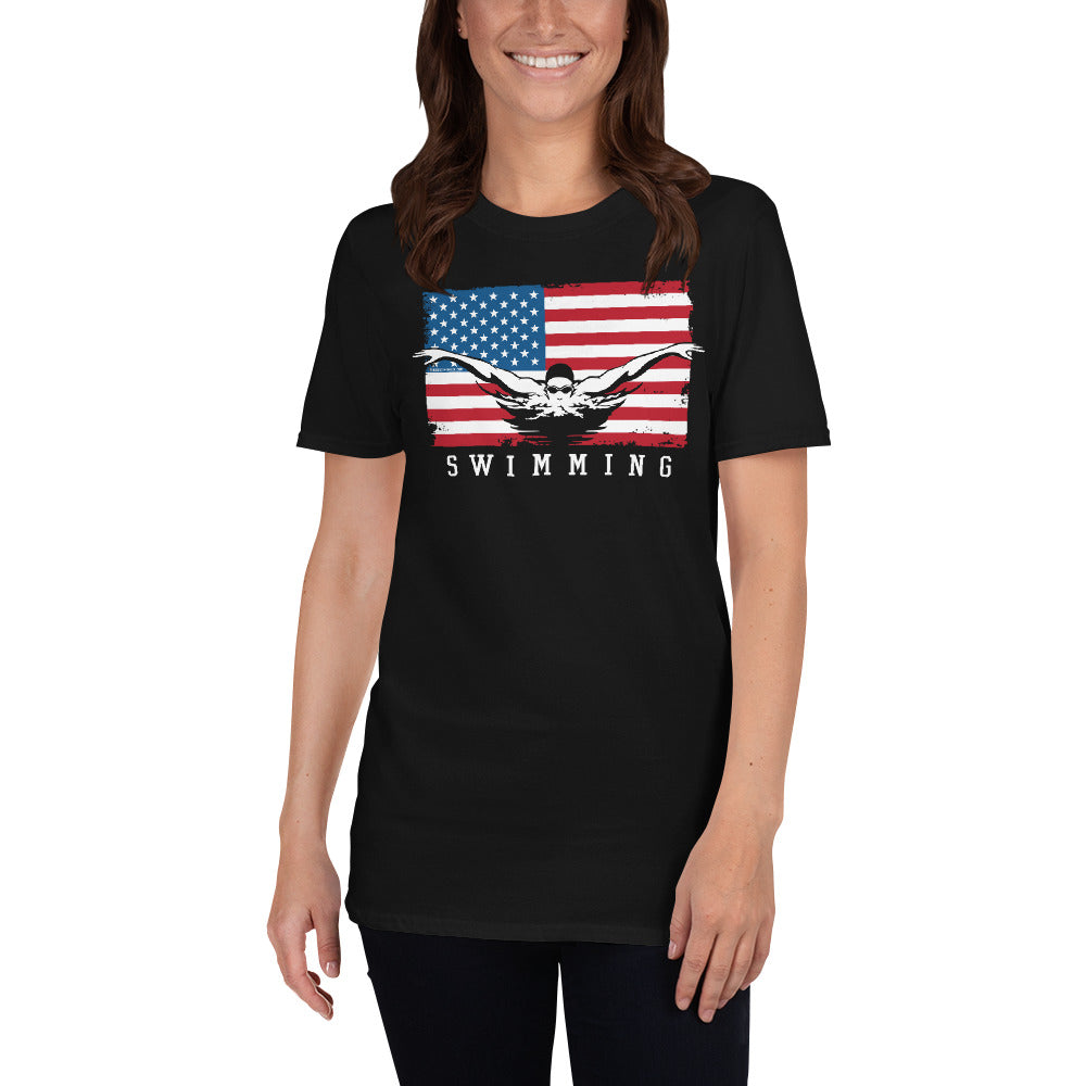 USA Flag Swimming Unisex T-Shirt - TrendySwimmer