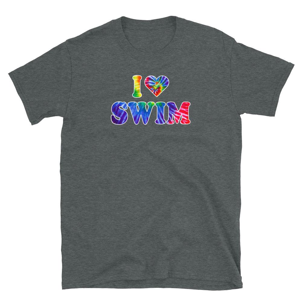 I Love Swim (Heart) Tie Dye Swimmer Graphic T-Shirt T-Shirt TrendySwimmer Dark Heather S 