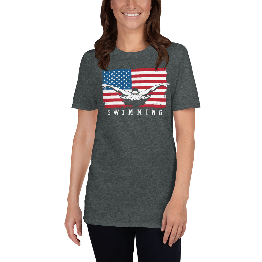USA Flag Swimming Unisex T-Shirt - TrendySwimmer
