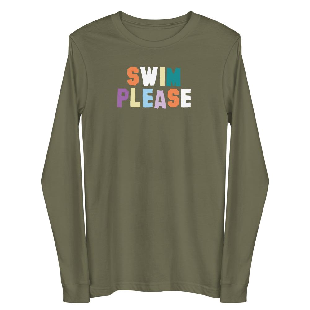 Unisex Long Sleeve Swimmer Tee - Swim Please Colorful Text