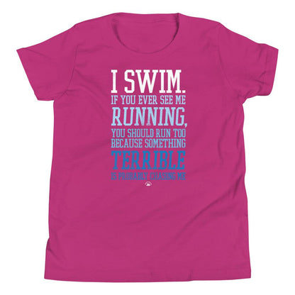 I Swim If You Ever See Me Running Funny Swimming Youth T-Shirt T-Shirt TrendySwimmer Berry S 