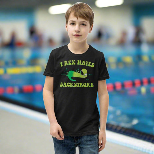 T Rex Hates Backstroke Funny Youth Swim Tee - TrendySwimmer